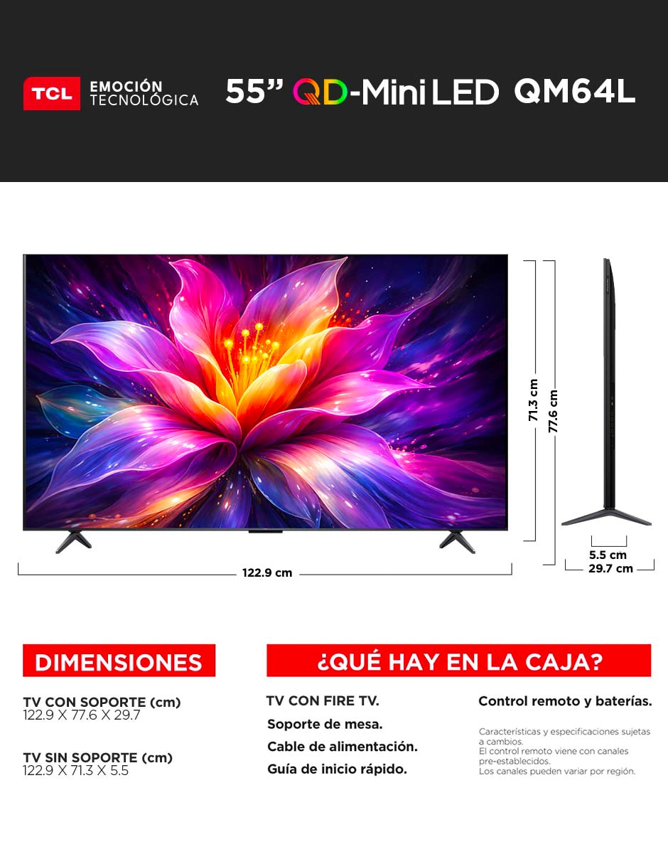 Pantalla QD- mini LED de 55 pulgadas 4K/UHD 55QM64L con Fire OS 16
